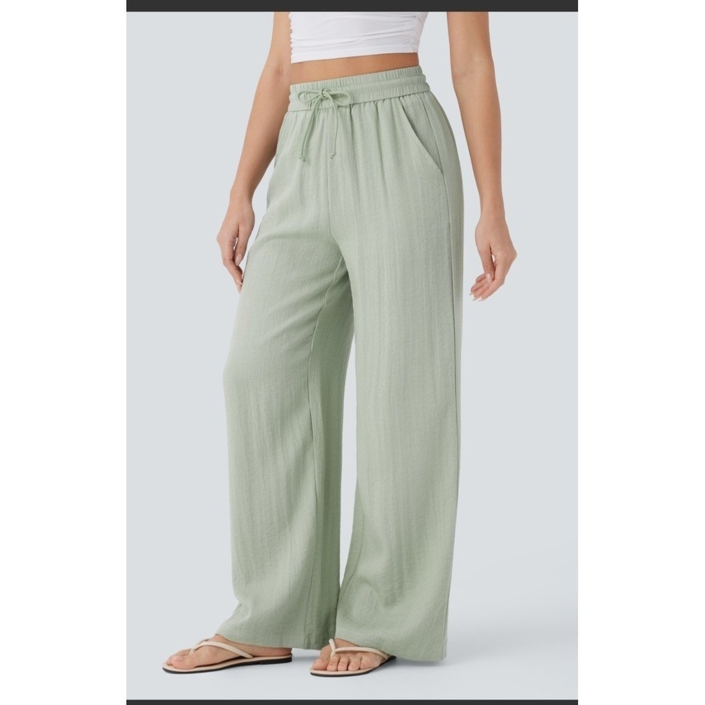 Halara High Waisted Drawstring Pocket Wide Leg Casual Linen- Med - Picture 3 of 6